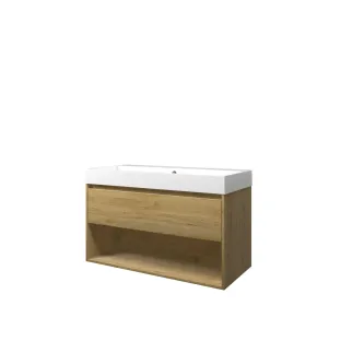 Proline Bathroom furniture - Washbasin loft polystone - Ideal oak/Gloss white - 100x46x62 cm - Single washbasin with 1 tap hole - 1 drawer and 1 open shelf