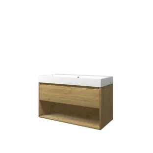 Proline Bathroom furniture - Washbasin loft polystone - Ideal oak/Gloss white - 100x46x62 cm - Single washbasin without tap hole - 1 drawer and 1 open shelf