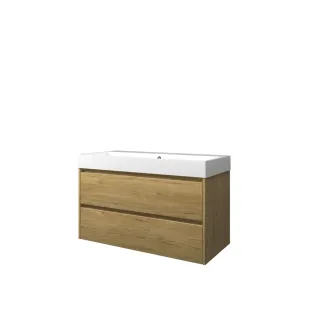 Proline Bathroom furniture - Washbasin loft polystone - Ideal oak/Gloss white - 100x46x62 cm - Single washbasin without tap hole - 2 symmetrical drawers