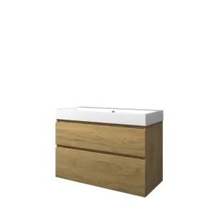 Proline Bathroom furniture - Washbasin loft polystone - Ideal oak/Gloss white - 100x46x70 cm - Single washbasin without tap hole - 2 asymmetrical drawers