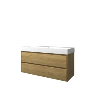 Proline Bathroom furniture - Washbasin loft polystone - Ideal oak/Gloss white - 120x46x62 cm - Double washbasin with 1 tap hole - 2 symmetrical drawers