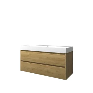 Proline Bathroom furniture - Washbasin loft polystone - Ideal oak/Gloss white - 120x46x62 cm - Double washbasin with 2 tap holes - 2 symmetrical drawers