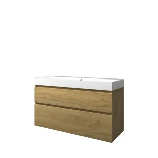 Proline Bathroom furniture - Washbasin loft polystone - Ideal oak/Gloss white - 120x46x70 cm - Double washbasin with 1 tap hole - 2 asymmetrical drawers