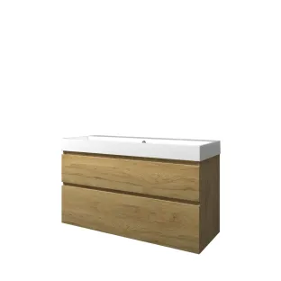 Proline Bathroom furniture - Washbasin loft polystone - Ideal oak/Gloss white - 120x46x70 cm - Double washbasin with 2 tap holes - 2 asymmetrical drawers