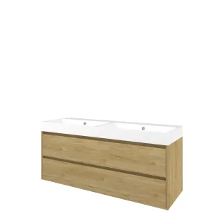 Proline Bathroom furniture - Washbasin loft polystone - Ideal oak/Gloss white - 140x46x62 cm - Double washbasin with 2 tap holes - 2 symmetrical drawers