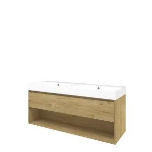 Proline Bathroom furniture - Washbasin loft polystone - Ideal oak/Gloss white - 140x46x62 cm - Double washbasin without tap hole - 1 drawer and 1 open shelf