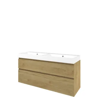 Proline Bathroom furniture - Washbasin loft polystone - Ideal oak/Gloss white - 140x46x70 cm - Double washbasin with 2 tap holes - 2 asymmetrical drawers