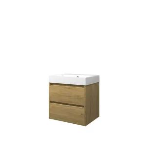 Proline Bathroom furniture - Washbasin loft polystone - Ideal oak/Gloss white - 60x46x62 cm - Single washbasin with 1 tap hole - 2 symmetrical drawers