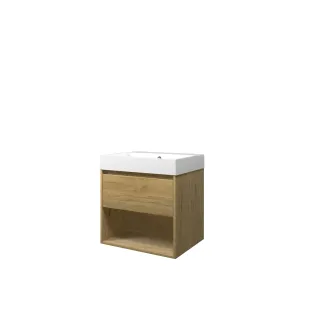 Proline Bathroom furniture - Washbasin loft polystone - Ideal oak/Gloss white - 60x46x62 cm - Single washbasin without tap hole - 1 drawer and 1 open shelf