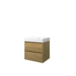 Proline Bathroom furniture - Washbasin loft polystone - Ideal oak/Gloss white - 60x46x62 cm - Single washbasin without tap hole - 2 symmetrical drawers