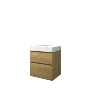 Proline Bathroom furniture - Washbasin loft polystone - Ideal oak/Gloss white - 60x46x70 cm - Single washbasin with 1 tap hole - 2 asymmetrical drawers