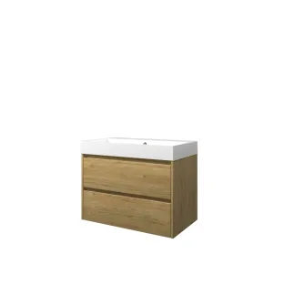 Proline Bathroom furniture - Washbasin loft polystone - Ideal oak/Gloss white - 80x46x62 cm - Single washbasin with 1 tap hole - 2 symmetrical drawers