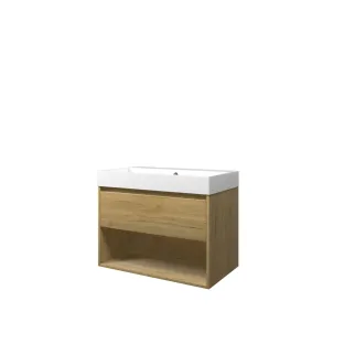 Proline Bathroom furniture - Washbasin loft polystone - Ideal oak/Gloss white - 80x46x62 cm - Single washbasin without tap hole - 1 drawer and 1 open shelf