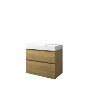 Proline Bathroom furniture - Washbasin loft polystone - Ideal oak/Gloss white - 80x46x70 cm - Single washbasin with 1 tap hole - 2 asymmetrical drawers