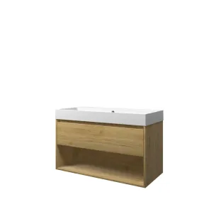 Proline Bathroom furniture - Washbasin loft polystone - Ideal oak/Matt white - 100x46x62 cm - Single washbasin with 1 tap hole - 1 drawer and 1 open shelf