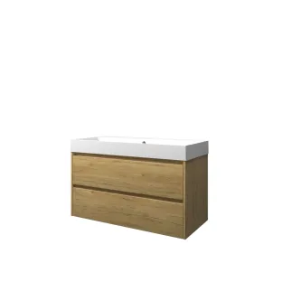 Proline Bathroom furniture - Washbasin loft polystone - Ideal oak/Matt white - 100x46x62 cm - Single washbasin with 1 tap hole - 2 symmetrical drawers