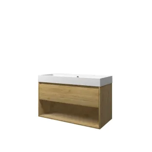 Proline Bathroom furniture - Washbasin loft polystone - Ideal oak/Matt white - 100x46x62 cm - Single washbasin with 2 tap holes - 1 drawer and 1 open shelf