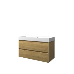 Proline Bathroom furniture - Washbasin loft polystone - Ideal oak/Matt white - 100x46x62 cm - Single washbasin with 2 tap holes - 2 symmetrical drawers