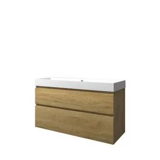 Proline Bathroom furniture - Washbasin loft polystone - Ideal oak/Matt white - 120x46x70 cm - Double washbasin with 1 tap hole - 2 asymmetrical drawers