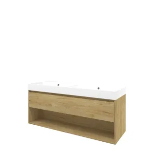 Proline Bathroom furniture - Washbasin loft polystone - Ideal oak/Matt white - 140x46x62 cm - Double washbasin without tap hole - 1 drawer and 1 open shelf