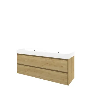 Proline Bathroom furniture - Washbasin loft polystone - Ideal oak/Matt white - 140x46x62 cm - Double washbasin without tap hole - 2 symmetrical drawers