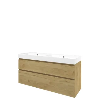 Proline Bathroom furniture - Washbasin loft polystone - Ideal oak/Matt white - 140x46x70 cm - Double washbasin with 2 tap holes - 2 asymmetrical drawers