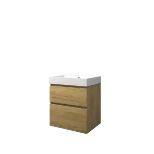 Proline Bathroom furniture - Washbasin loft polystone - Ideal oak/Matt white - 60x46x70 cm - Single washbasin with 1 tap hole - 2 asymmetrical drawers