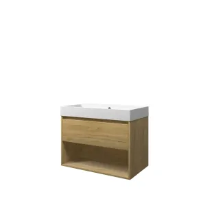 Proline Bathroom furniture - Washbasin loft polystone - Ideal oak/Matt white - 80x46x62 cm - Single washbasin with 1 tap hole - 1 drawer and 1 open shelf