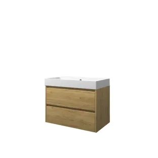 Proline Bathroom furniture - Washbasin loft polystone - Ideal oak/Matt white - 80x46x62 cm - Single washbasin with 1 tap hole - 2 symmetrical drawers