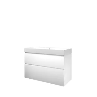 Proline Bathroom furniture - Washbasin loft polystone - Matt white/Matt white - 100x46x70 cm - Single washbasin with 2 tap holes - 2 asymmetrical drawers