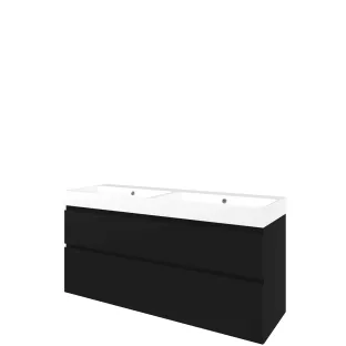 Proline Bathroom furniture - Washbasin loft polystone - Matt black/Gloss white - 140x46x70 cm - Double washbasin with 2 tap holes - 2 asymmetrical drawers