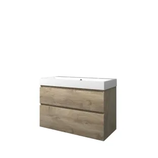 Proline Bathroom furniture - Washbasin loft polystone - Raw oak/Gloss white - 100x46x70 cm - Single washbasin with 2 tap holes - 2 asymmetrical drawers