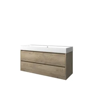 Proline Bathroom furniture - Washbasin loft polystone - Raw oak/Gloss white - 120x46x62 cm - Double washbasin with 1 tap hole - 2 symmetrical drawers