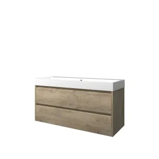 Proline Bathroom furniture - Washbasin loft polystone - Raw oak/Gloss white - 120x46x62 cm - Double washbasin with 2 tap holes - 2 symmetrical drawers