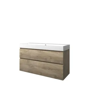 Proline Bathroom furniture - Washbasin loft polystone - Raw oak/Gloss white - 120x46x70 cm - Double washbasin with 1 tap hole - 2 asymmetrical drawers