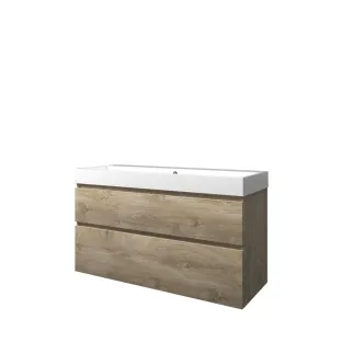 Proline Bathroom furniture - Washbasin loft polystone - Raw oak/Gloss white - 120x46x70 cm - Double washbasin without tap hole - 2 asymmetrical drawers