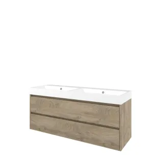 Proline Bathroom furniture - Washbasin loft polystone - Raw oak/Gloss white - 140x46x62 cm - Double washbasin with 2 tap holes - 2 symmetrical drawers