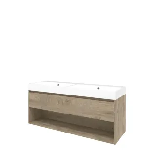 Proline Bathroom furniture - Washbasin loft polystone - Raw oak/Gloss white - 140x46x62 cm - Double washbasin without tap hole - 1 drawer and 1 open shelf