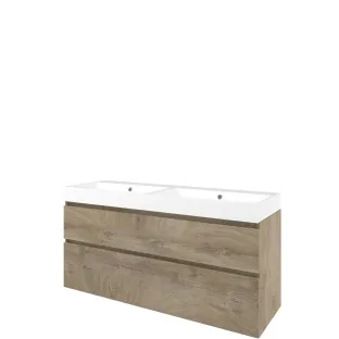 Proline Bathroom furniture - Washbasin loft polystone - Raw oak/Gloss white - 140x46x70 cm - Double washbasin with 2 tap holes - 2 asymmetrical drawers