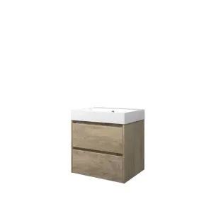 Proline Bathroom furniture - Washbasin loft polystone - Raw oak/Gloss white - 60x46x62 cm - Single washbasin with 1 tap hole - 2 symmetrical drawers