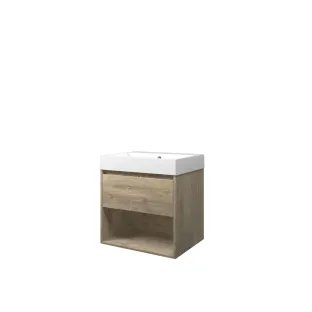 Proline Bathroom furniture - Washbasin loft polystone - Raw oak/Gloss white - 60x46x62 cm - Single washbasin without tap hole - 1 drawer and 1 open shelf