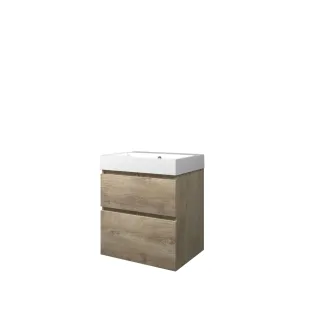 Proline Bathroom furniture - Washbasin loft polystone - Raw oak/Gloss white - 60x46x70 cm - Single washbasin with 1 tap hole - 2 asymmetrical drawers