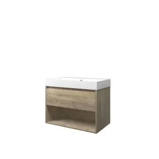 Proline Bathroom furniture - Washbasin loft polystone - Raw oak/Gloss white - 80x46x62 cm - Single washbasin without tap hole - 1 drawer and 1 open shelf