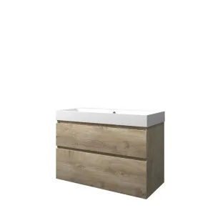 Proline Bathroom furniture - Washbasin loft polystone - Raw oak/Matt white - 100x46x70 cm - Single washbasin with 1 tap hole - 2 asymmetrical drawers