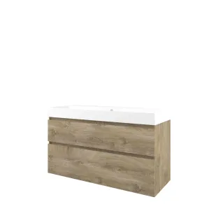 Proline Bathroom furniture - Washbasin loft polystone - Raw oak/Matt white - 120x46x70 cm - Double washbasin with 1 tap hole - 2 asymmetrical drawers