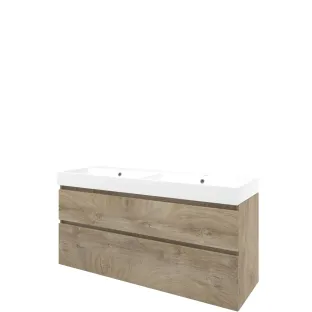 Proline Bathroom furniture - Washbasin loft polystone - Raw oak/Matt white - 140x46x70 cm - Double washbasin with 2 tap holes - 2 asymmetrical drawers