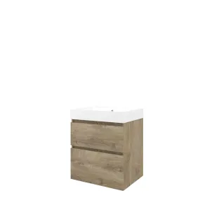 Proline Bathroom furniture - Washbasin loft polystone - Raw oak/Matt white - 60x46x70 cm - Single washbasin with 1 tap hole - 2 asymmetrical drawers