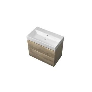 Proline Bathroom furniture - Washbasin loft polystone - Raw oak/Matt white - 80x46x70 cm - Single washbasin without tap hole - 2 asymmetrical drawers