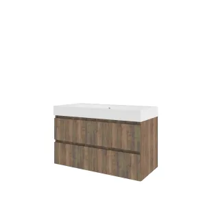 Proline Bathroom furniture - Washbasin loft polystone - Terra oak/Gloss white - 100x46x62 cm - Single washbasin with 1 tap hole - 2 drawers milled vertically