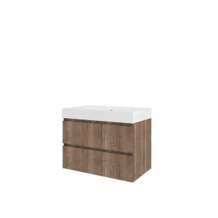 Proline Bathroom furniture - Washbasin loft polystone - Terra oak/Gloss white - 80x46x62 cm - Single washbasin without tap hole - 2 drawers milled vertically